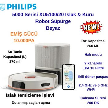 Philips Philips Homerun 5000 Serisi XU5100/20 Beyaz Çöp Istasyonlu Akıllı Robot Süpürge - Beyaz - Gri