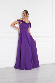 NO48 Mor Fırfır Yaka Detay Ayarlanabilir Askılı Dokuma Kumaş Maxi Kloş Abiye Elbise 46 Beden