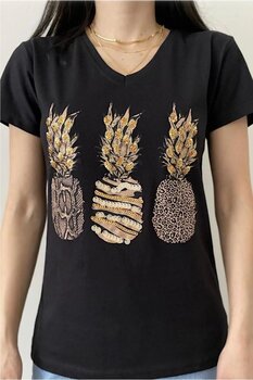 FEMELLE Kadın V Yaka Pullu Ananas T-shirt S Beden