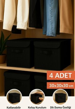 PH Prendi Home 4’lü Siyah Kapaklı Kumaş Dolap İçi Düzenleyici Kutu - 30x30x30 cm Katlanabilir Saklama Kutusu
