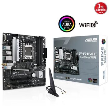 Asus Prime B650M-A WIFI II 4xDDR5 2x M.2 D-SUB HDMI DP, Wi-Fi 6, Bluetooth v5.2 AMD Ryzen 7000 Serisi AM5 Soket Anakart