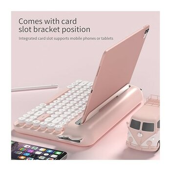 Kablosuz Bluetooth & 2.4g Çift Modlu Retro Daktilo Tasarımlı Klavye – Yuvarlak Tuşlu, Tablet & Telefon Standlı, Ergonomik, Taşınabilir, Pille Çalış...