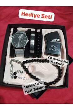 QUARTZ Özel Kutulu Hediyelik Çakmaklı Erkek Kombin Saat Seti ( 5 Parça'lı Aksesuar)- 6067