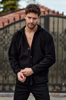 Rio Erkek Siyah Kalın Peluş Düğmeli Boyfriend Gömlek Ceket XL Beden
