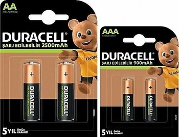 Duracell HR6/DX1500 2500 mAh AA Şarjlı Kalem Pil 2'li + Duracell HR03/DX2400 900 mAh AAA Şarjlı İnce Pil 2'li