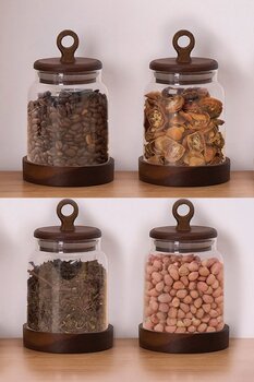 Meturas Akasya Kapaklı 4'lü Cam Kavanoz Seti 360ml - Baharat Kuruyemiş Saklama Cam Kavanoz Takımı