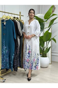 butikbanum Beyaz %100 Keten İthal Elbise Standart Beden