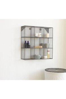 GO DEKOR Tel Metal Kafes 9 Gözlü Kare Duvar Rafı - 60x60x20