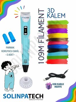 SolinpaTech Mavi 3d Kalem 3d Pen Yazıcı Kalem Çok Renkli (toplam 109 Metre) Filament Usb Kablo