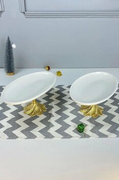 MAY HOME 2'li Porselen Kand Ayaklı Oval Tabak & Sunum Servis Meze Tabağı