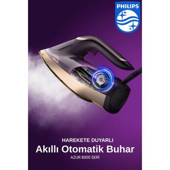 Philips Azur Yenilendi, 8000 Serisi Azur Buharlı Ütü, Kumaşa Göre Otomatik Akıllı Buhar 3000W, Sıfır Yanık Riski + Tiftik Makinesi - Mor