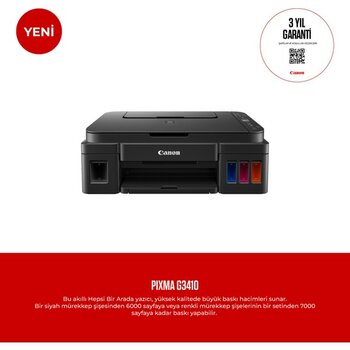 Canon Pixma G3410 Wi-Fi + Tarayıcı + Fotokopi Renkli Çok Fonksiyonlu Tanklı Yazıcı - Siyah