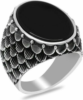 Gümüş Hediye Al Balık Pulu Detaylı Siyah Oniks Taşlı 925 Ayar Gümüş Erkek Yüzük - 22