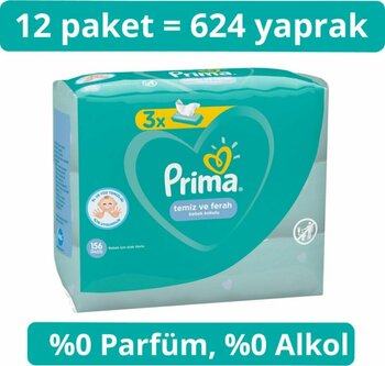 Prima Islak Havlu Mendil Temiz Ferah 12'li 624 Yaprak