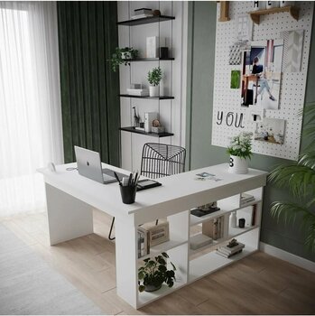 Robin Home Boston Kitaplık Raflı Çalışma Masası L Masa Ofis Masası