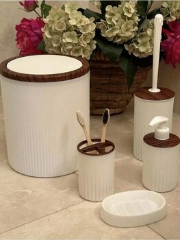 Makri Home Banyo Seti, 5'li, Beyaz, Ahşap Desenli, Yuvarlak, Plastik