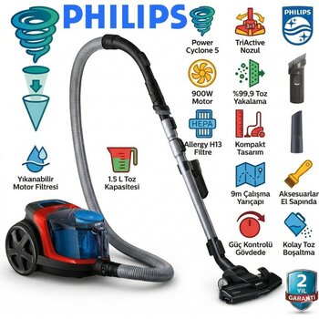 Philips Powerpro Compact Torbasız Elektrikli Süpürge | 900W Güçlü Motor, Powercyclone 5 Teknolojisi, Triactive Başlık, %99.9 Toz Toplama, Allergy H...