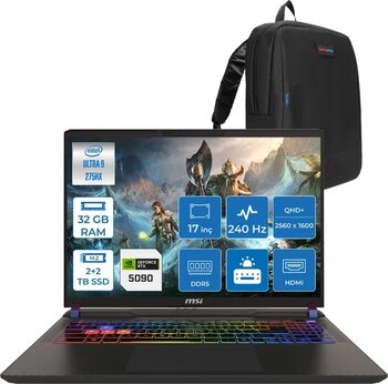 Msı Vector 17 Hx Aı A2xwjg-079Tr Intel Core Ultra 9-275Hx Aı 32Gb 2Tb Ssd+2Tb Ssd Rtx5090/24Gb 175W 17 Inç 2K Qhd+ 240Hz Ips Freedos Gaming Laptop Zm079trf14+Zettaçanta