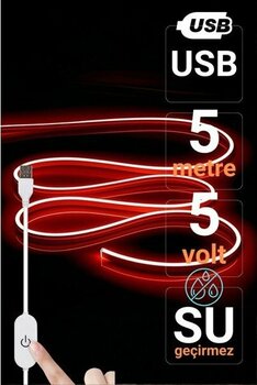 Ema Dükkan 5V USB Neon LED Şerit 5 Metre Kırmızı | Silikonlu Su Geçirmez Esnek Aydınlatma - 5 m