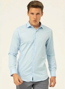 Süvari Slim Fit Klasik Yaka Armürlü Mavi - Buz L Uzun Kol Erkek Gömlek