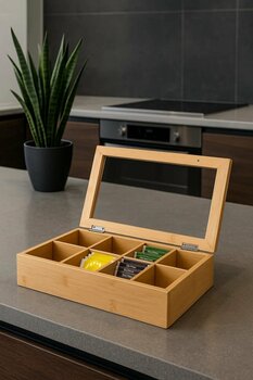 GÖNÜL 8 Bölmeli Bambu Poşet Çay Kutusu Bambu Organizer Kutu Takı Aksesuar Kutusu 30x20x7cm.