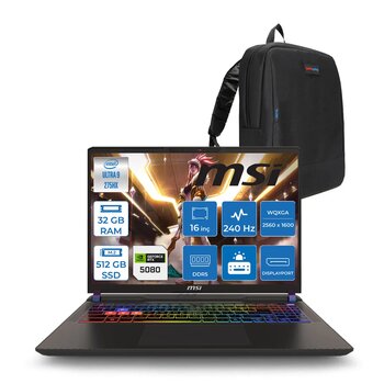 Msı Vector 16 Hx Aı Wa2xwig-090xtr Ultra 9 275hx Aı 32gb Gb 512gb Ssd 16gb/Rtx5080 Gddr7 175w 16" Qhd+ (2560x1600) 240hz Freedos Gaming Laptop Wa2xwig090xtrf09+Zettaçanta