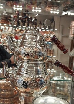 Bakır Center Bakır Çaydanlık & Bakır Demlik El Yapımı Çiçek Desenli Çift Renk Bakır Çaydanlık Büyük Boy