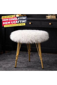 Ratemo Mobilya Beyaz Peluş Puf Tabure, Metal Ayaklı Yumuşak Oturma Pufu (40x40 cm) Yatak Odası, Salon Pufu (Yeni!)