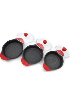 Eda 3'lü Granit Döküm Sahan Seti Cam Kapaklı Gri Slikon Saplı