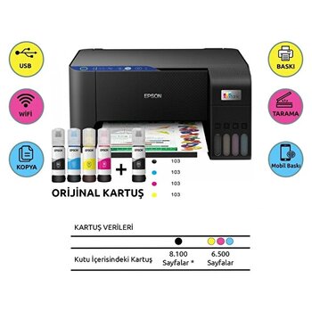 Epson EcoTank L3250 Mürekkep Püskürtmeli Çok Fonksiyonlu Yazıcı + 5 Adet Renkli Mürekkep
