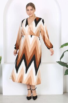 Mooi XXL Kadın Kahve Zigzag Desen Kruvaze Yaka Balon Kol Maxi Boy Bürümcük Elbise 48-50 Beden