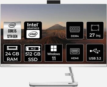 Lenovo Ideacentre İ5 12450H 24Gb 512Gb Ssd 27" Fhd W11H 27Iap7 All In One Bilgisayar & Per4 Bellek