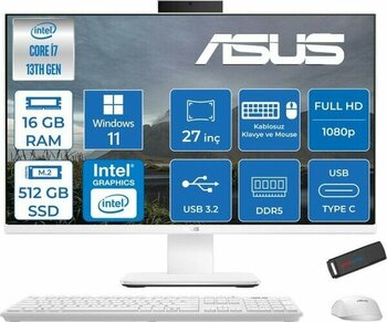 Asus V470VAK Intel Core I7-13620H 16GB Ddr5 512GB SSD 27'' Fhd 100Hz 300NITS Windows 11 Pro Beyaz Allınone Bilgisayar ABI716512W0DP02+ZETTAUSBBELLEK