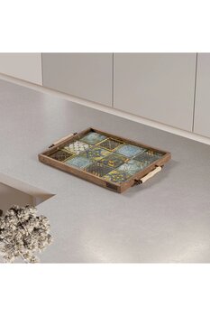 bluecape Seramik Dekoratif Sunum Tepsisi Ağaç Çerçeveli Porselen Tutacak 42x32 CM Ceviz Belgrad Model