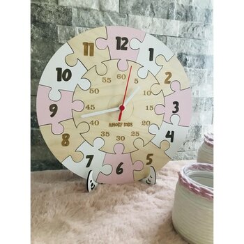 Amorf Design Ahşap Puzzle Kız Çocuk Odası Saati - Renkli - 32 x 32 cm