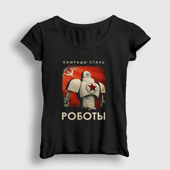 Presmono Kadın Siyah Robots Cccp Sovyetler Birliği T-Shirt - L