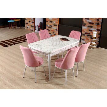 My Massa Mymassa - Elit Trend Carrara  Mutfak Masası + 6  Gold Sandalye Takımı - Beyaz Metal Ayak - Pembe - Pudra