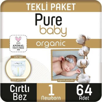 Pure Baby Organik Pamuklu Bebek Bezi 1 Beden Yenidogan 64x4 Adet 2-5 Kg