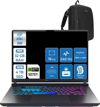 Asus Rog Strix G16 Intel Core Ultra 7 255Hx 32Gb Ddr5 4Tb Ssd 12Gb/Rtx5070tı/140W Windows 11 Pro 16" 2.5K 240Hz Wqxga Yapay Zeka Destekli Taşınabilir Bilgisayar G615lrp12 + Zettaçanta