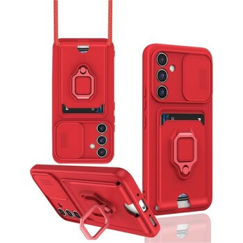 Samsung  Galaxy S24 Fe Uyumlu Taşıma Askılı - Kartlıklı - Stantlı - Kamera Korumalı Silikon Telefon Kılıfı - Kırmızı