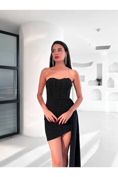 BEAUTY FASHİON Kadın Abiye Elbise Sarkıt Kumaş Detaylı Parlak Simli Mini Abiye & Mezuniyet Elbisesi M Beden