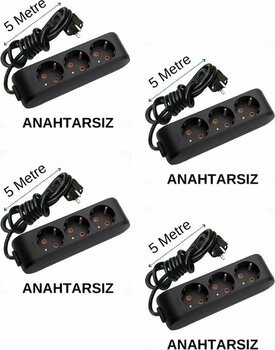 Viko (3'lü) Üçlü Priz Topraklı Kablolu Siyah 5 (Beş) Metre (4 Adet)