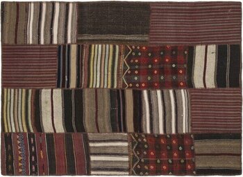 Kırmızı Patchwork Etnik Modern Desenli Yün Hav Toz Vermez Leke Tutmayan Salon Yolluk Mutfak El Dokuma Halı - 160 x 230 cm