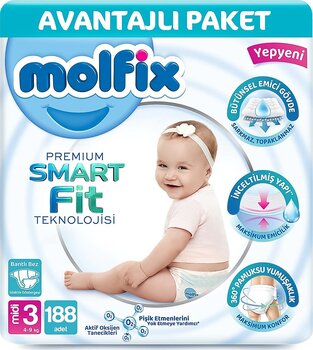 Molfix Premium Smart Fit 3 Numara Midi 94'lü 2 Adet Bebek Bezi