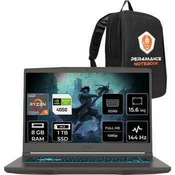 MSI Msı Thin A15 Ryzen 5 7535HS RTX4050 6gb 8gb Ram 1tb SSD 15.6" Fhd 144Hz Freedos B7VE076XTRP303 Gaming Laptop + Per4 Çanta - 1 TB - 8 GB
