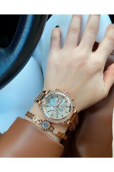 ÇENÇEN Kadın Taşlı Rose Kol Saati Rolex Modeli
