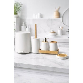 Özbience Bambu Banyo Seti, Yuvarlak, 6 Parça, Otomatik Basmalı, Şık ve Kullanışlı - Ahşap - Beyaz - Seçenek 1