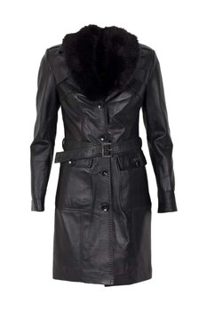 By Motto Siyah Yakası Kürklü Uzun Hakiki Deri Kadın Ceket Mystical L Beden