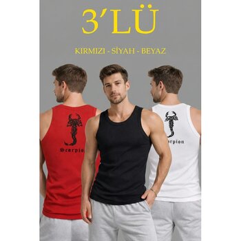 Erkek Spor Fitilli Atlet 3'lü Set Kırmızı, Siyah Ve Beyaz Slim Fit Kaşkorse Arka Baskılı Spor Atlet Çok Renkli Xl