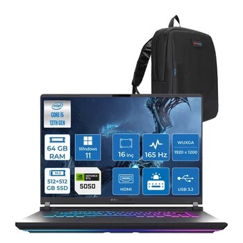 Asus Rog Strix G16 G615jh-Rv053 Intel Core I5-13450Hx 64Gb 512Gb Ssd+512Gb Ssd 8Gb/Rtx5050 Gddr7 115W 16" Wuxga 165Hz 3Ms Ips Wındows11home Gaming Laptop Wrx053h26+Zettaçanta